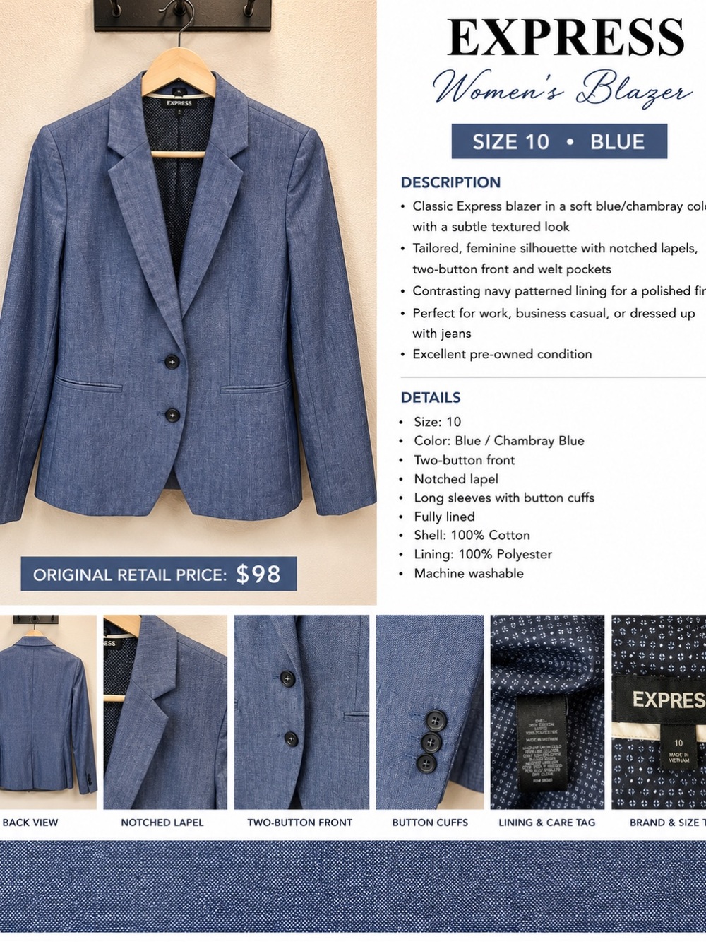 Express Women’s Blue Chambray Blazer Size 10 Two Button Tailored Jacket